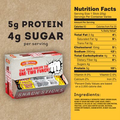 Old Wisconsin Honey Turkey Sausage Snack Sticks, Naturally Smoked, Ready to Eat, High Protein, Low Carb, Keto, Gluten Free, Counter Box, Pack of 42 Individually Wrapped Sticks