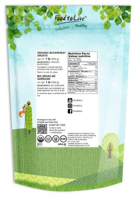 Food to Live Organic Buckwheat Groats, 1 Pound - Whole Grain Buckwheat Seeds by Food to Live. Hulled, Non-GMO, Kosher, Raw, Vegan, Sirtfood. Buckwheat Cereal in Bulk