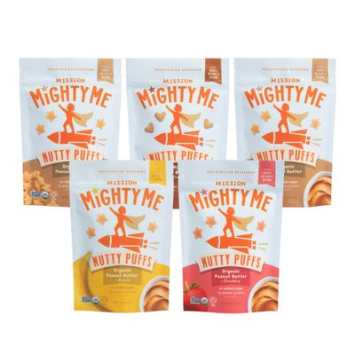 Mission MightyMe Nutty Puffs - Peanut Butter Puffs Variety Pack - Pediatrician Developed - USDA Organic, Plant-Based Protein, Gluten-Free - Peanut, Strawberry, Banana Flavors (1.5oz, 5-Pack)