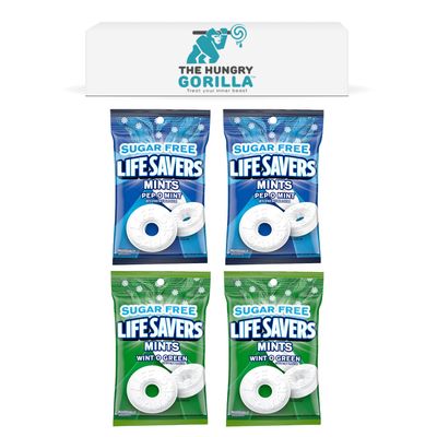 Lifesaver Sugar Free Mint Variety 4 Pack - 2 each of Pep-O-Mint and Wint-O-Green 2.75oz Bags of Individually wrapped Mints Boxed by The Hungry Gorilla