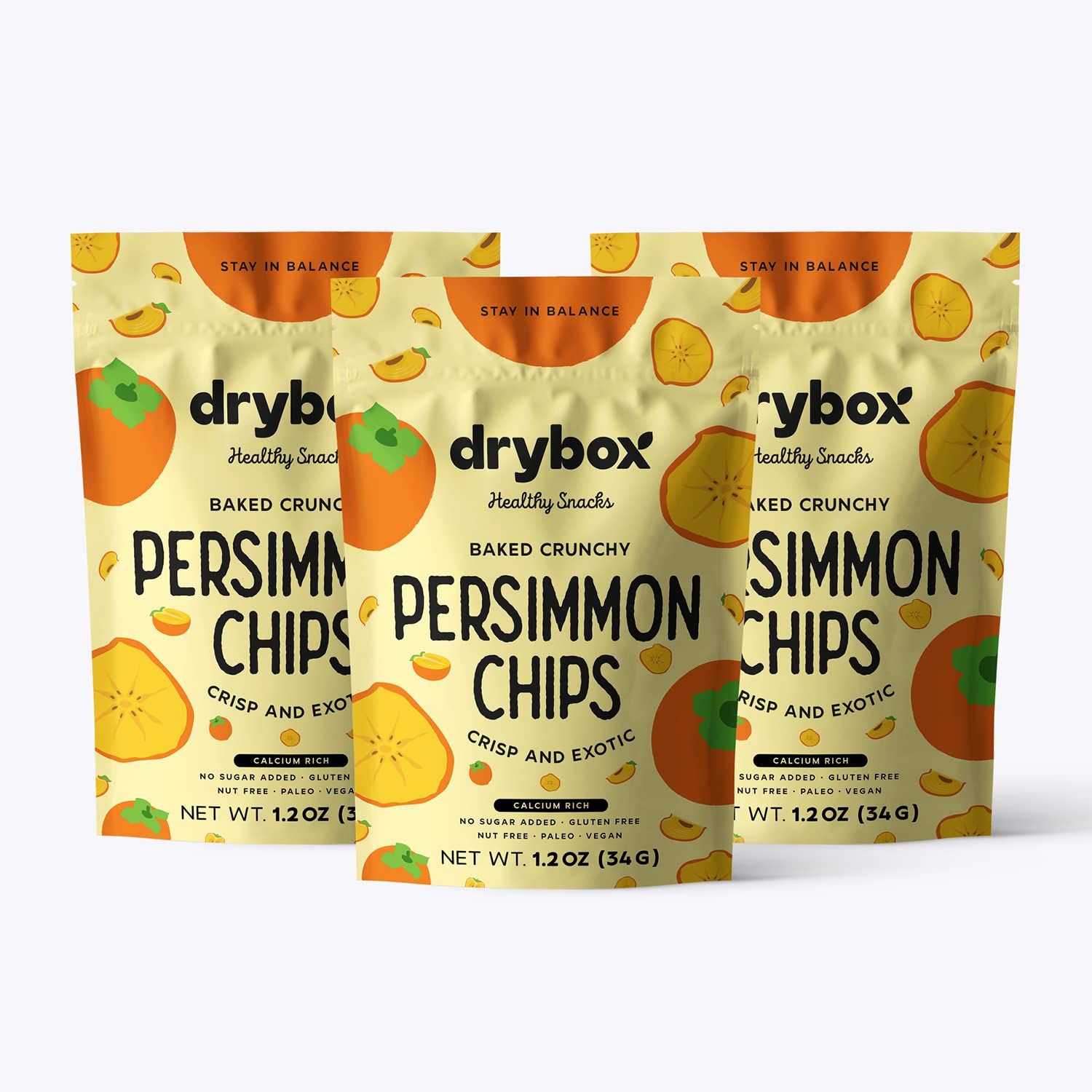 Drybox Dried Persimmons, Persimmon Chips Sliced No Sugar Added Fruit Snacks, Exotic Fruit Non-GMO | Unpeeled, with the Rind | Keto and Paleo Snack Naturally Sweet 1.2 oz per pack, 3 Pack