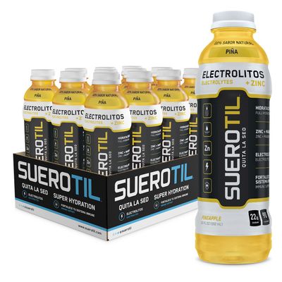 Suerotil Sugar-Free Full Hydration Beverage, Pineapple, 21oz - 12 Bottle Case - Electrolytes &amp; Zinc