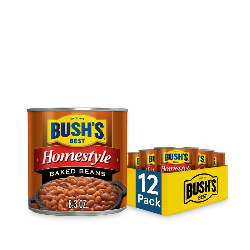 BUSH&#39;S BEST 8.3 oz Canned Homestyle Baked Beans, Source of Plant Based Protein and Fiber, Low Fat, Gluten Free, (Pack of 12)