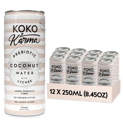 Koko &amp; Karma - Prebiotic Coconut Water with Lychee - All Natural with No Added Sugars, Pure Coconut Water &amp; Lychee Juice - 12 Pack - 8.45 Ounce Cans