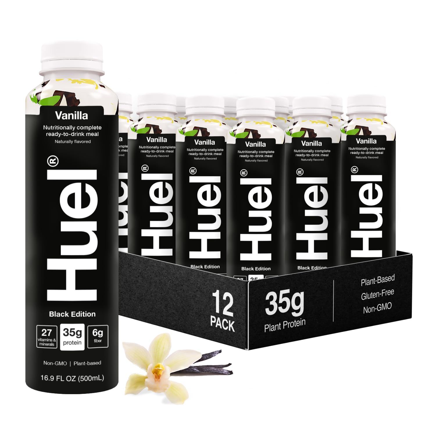 Huel Black Edition Ready-to-Drink, Vanilla Meal Replacement Drink, 35g High Protein, 27 Vitamins and Minerals, Vegan, Gluten Free, Plant Based, High Fiber, Low Sugar, 16.9 Fl Oz (12 Pack)