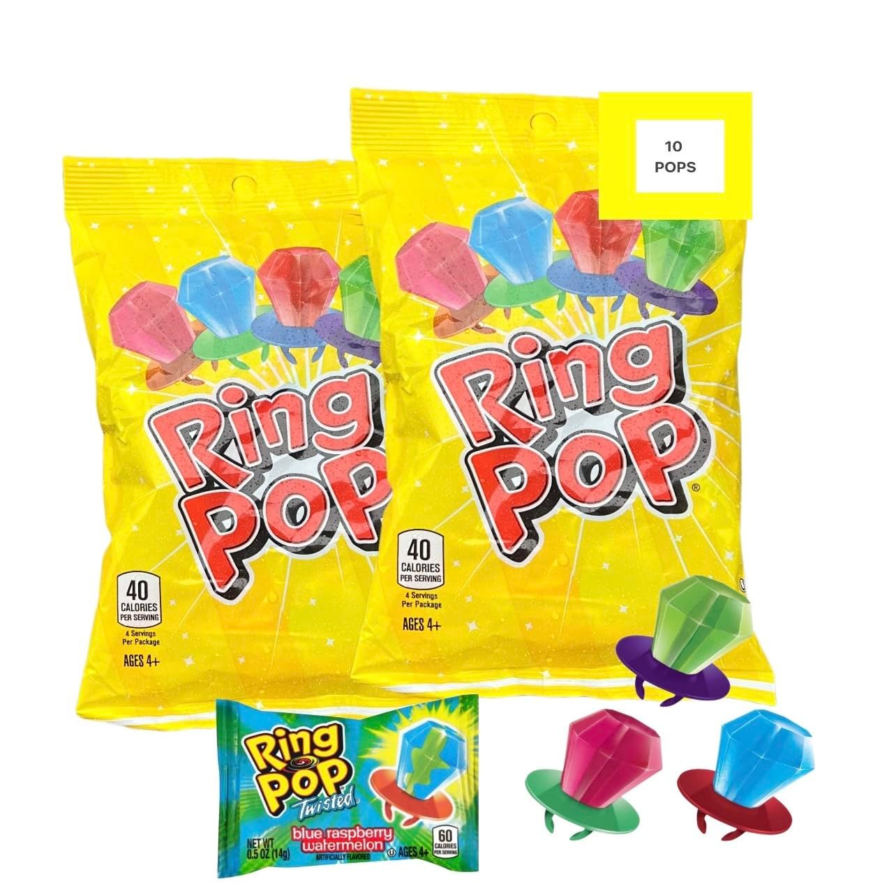 Ring Pop (2 pack) 10 Pops Total |Individually Wrapped Lollipop Suckers w/Assorted Fruity Flavors - Fun Candy for |Easter basket fillers| Party Favors, Birthday, Halloween ,Any Occasion |Bonus MAJUU