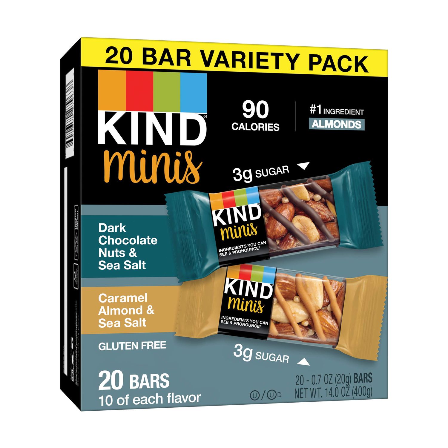 KIND Minis, Dark Chocolate Nuts &amp; Sea Salt/ Caramel Almond &amp; Sea Salt, 14 Oz (Pack Of 20)