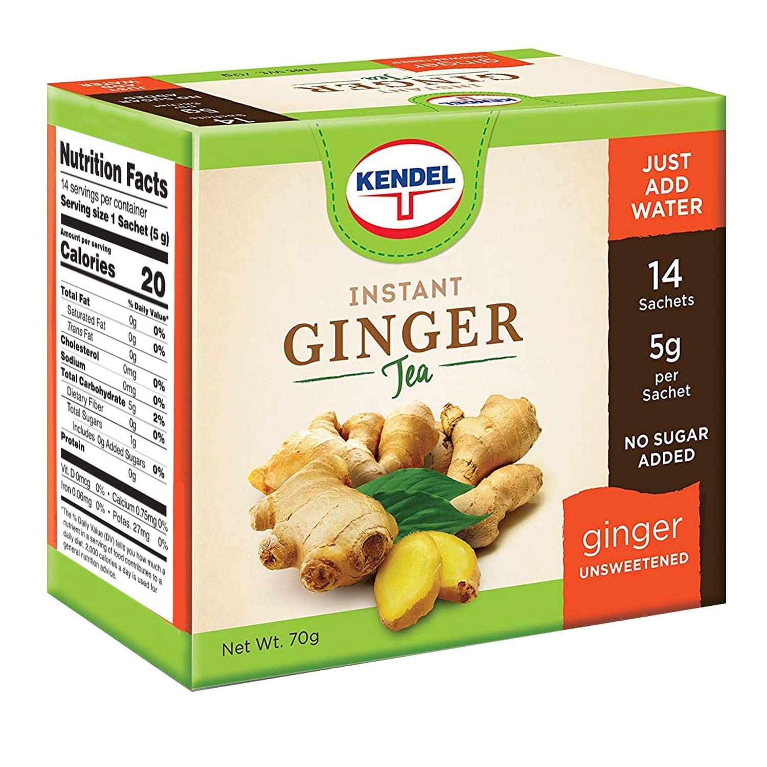 Kendel Instant Ginger Herbal Tea, Made from Real Ginger Crushed into Powder, May Aid Digestion, Add Hot or Cold Water to Drink, Caffeine Free, Ginger Powder Drink (Unsweetened, 14 Packets)