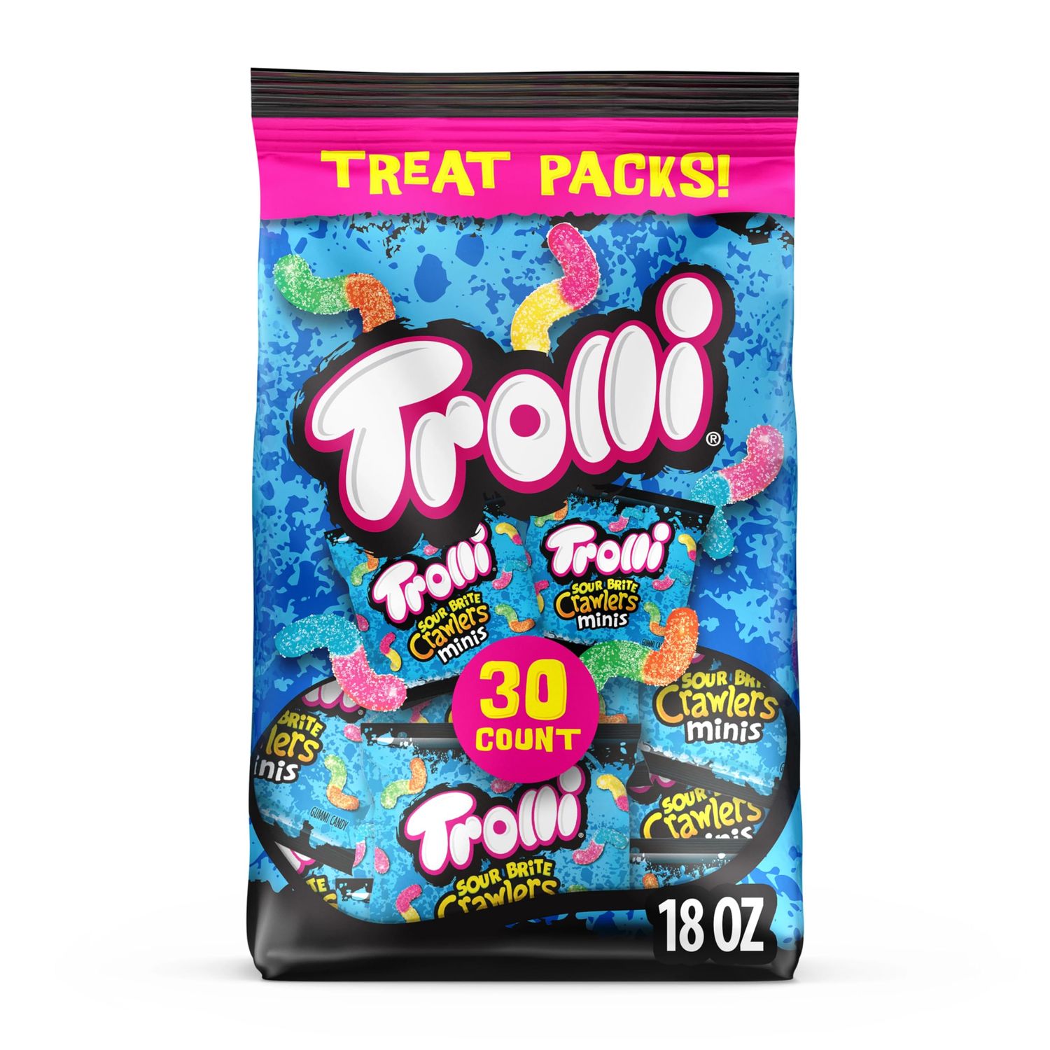Trolli Mini Sour Brite Crawlers, Candy, Cherry-Lemon, Strawberry-Grape &amp; Orange-Lime, Sweet and Sour, Gummy Worms, 18 oz (30 ct)