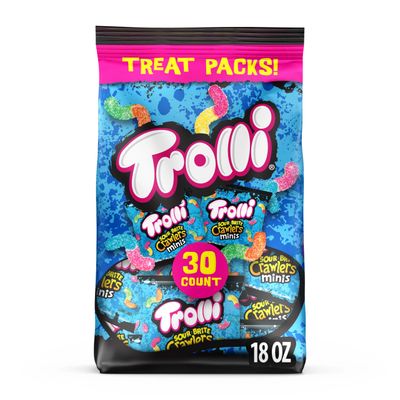 Trolli Mini Sour Brite Crawlers, Candy, Cherry-Lemon, Strawberry-Grape &amp; Orange-Lime, Sweet and Sour, Gummy Worms, 18 oz (30 ct)