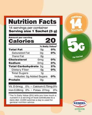 Kendel Instant Ginger Herbal Tea, Made from Real Ginger Crushed into Powder, May Aid Digestion, Add Hot or Cold Water to Drink, Caffeine Free, Ginger Powder Drink (Unsweetened, 14 Packets)