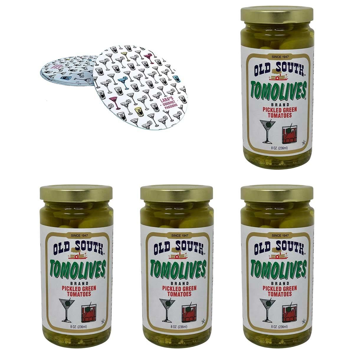 Old South Tomolives Pickled Green Tomatoes 8oz (4 Pack) Bundled with Complimentary 4-count Coasters | Ultimate Martini Garnish | Great Cocktail Snack