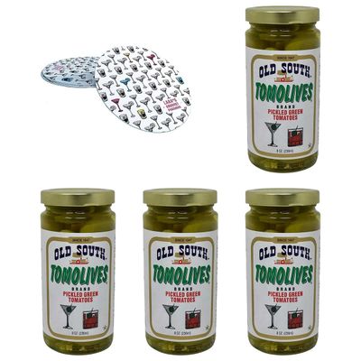Old South Tomolives Pickled Green Tomatoes 8oz (4 Pack) Bundled with Complimentary 4-count Coasters | Ultimate Martini Garnish | Great Cocktail Snack