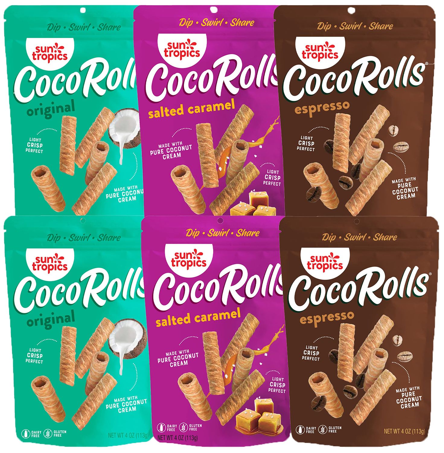 Sun Tropics CocoRolls Variety Pack- 6 count (4 oz each) | Crisp Rolled Wafer Cookies, Coconut Rolls Made With Pure Coconut Cream | Gluten Free &amp; Dairy Free Coconut Wafer Snack