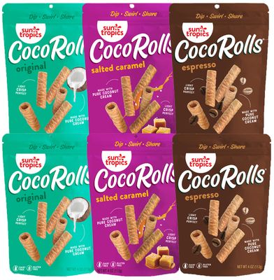 Sun Tropics CocoRolls Variety Pack- 6 count (4 oz each) | Crisp Rolled Wafer Cookies, Coconut Rolls Made With Pure Coconut Cream | Gluten Free &amp; Dairy Free Coconut Wafer Snack