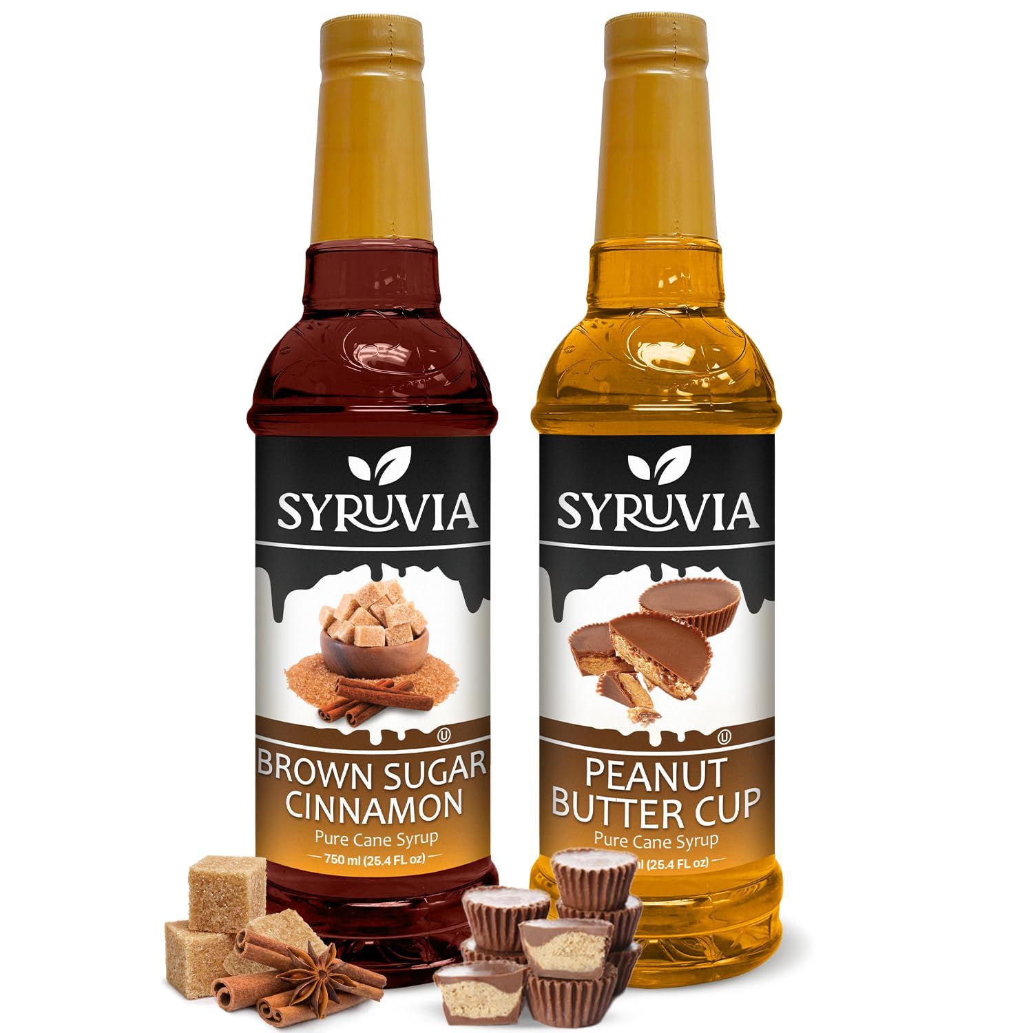Syruvia Coffee Syrup Variety Pack - Brown Sugar Cinnamon &amp; Peanut Butter Cup, Gluten-Free, Kosher, 25.4 fl oz Bottles - Enhance Your Coffee Experience with Premium Flavoring Syrups