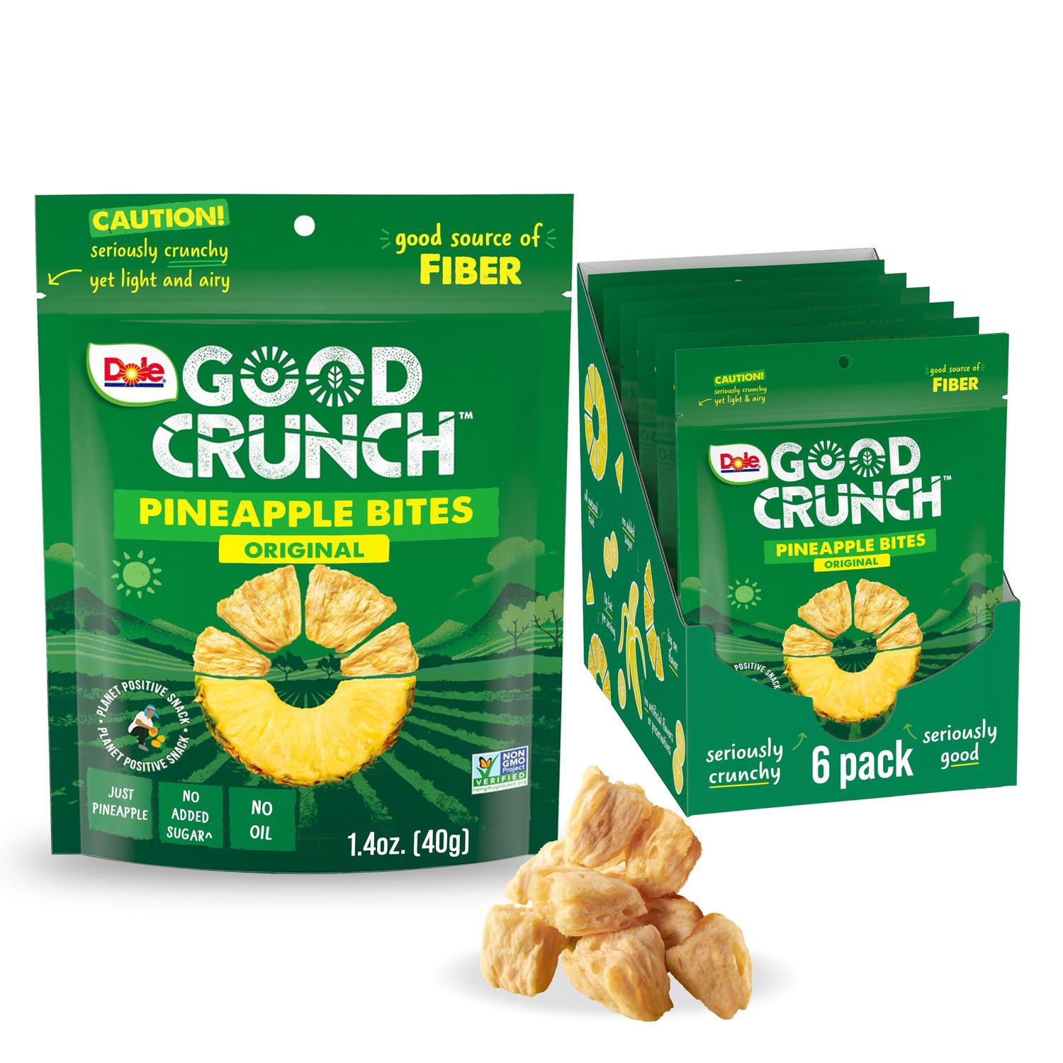 Dole Good Crunch Pineapple Dried Fruit Bites, Gluten Free &amp; Vegan Snack, 1.4oz Bags (Pack of 6)