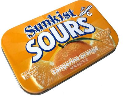 Sunkist Sours Tangerine Orange, Vitamin C, Sugar Free Sour Candy, 1.76 Ounce Tin - 6 Count Tray