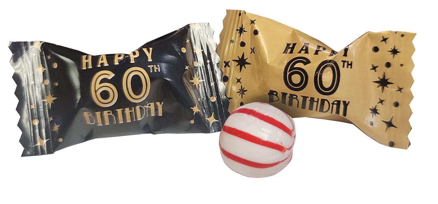 60th Birthday Themed Peppermints Gold &amp; Black 100 Count Wrapped - Mint Candy