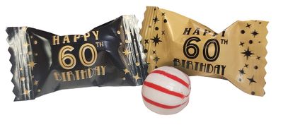 60th Birthday Themed Peppermints Gold &amp; Black 100 Count Wrapped - Mint Candy