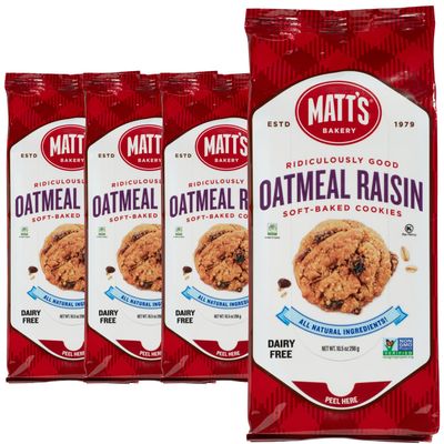 Matt&#39;s Bakery | Oatmeal Raisin Cookies | Soft-Baked, Non-GMO, All-Natural Ingredients; 4 Bags (10.5oz Each)