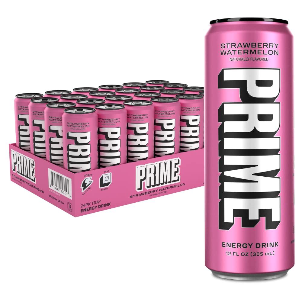 Prime Energy Drink by Logan Paul &amp; KSI Naturally Flavored, 200mg Caffeine, Zero Sugar, 300mg Electrolytes, Vegan, 12 Fl Oz per Can (Strawberry Watermelon, 24 Pack)