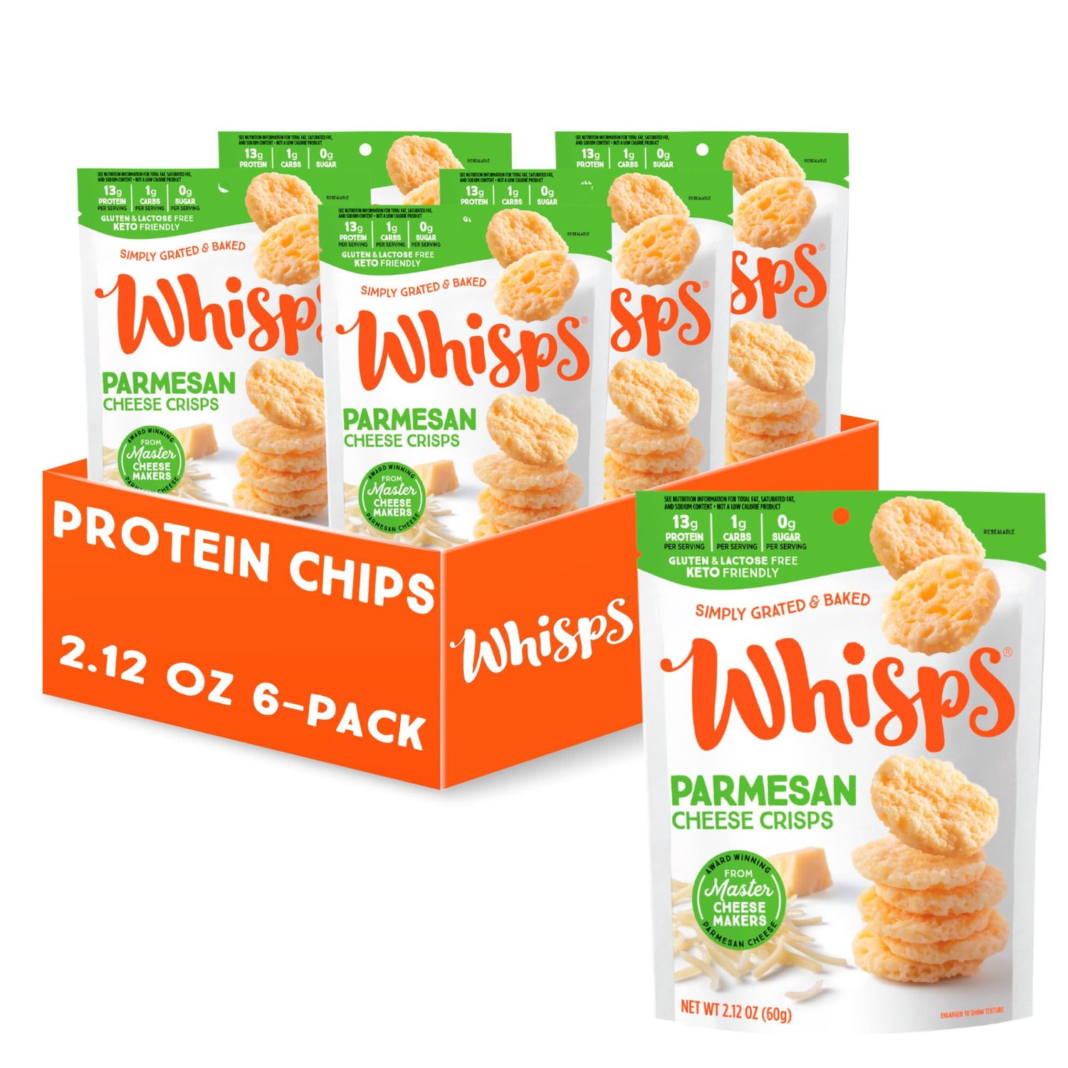 Whisps Cheese Crisps Parmesan Cheese | Protein Chips | Healthy Snacks | Protein Snacks, Gluten Free, High Protein, Low Carb Keto Food (2.12 Oz, 6 Pack)
