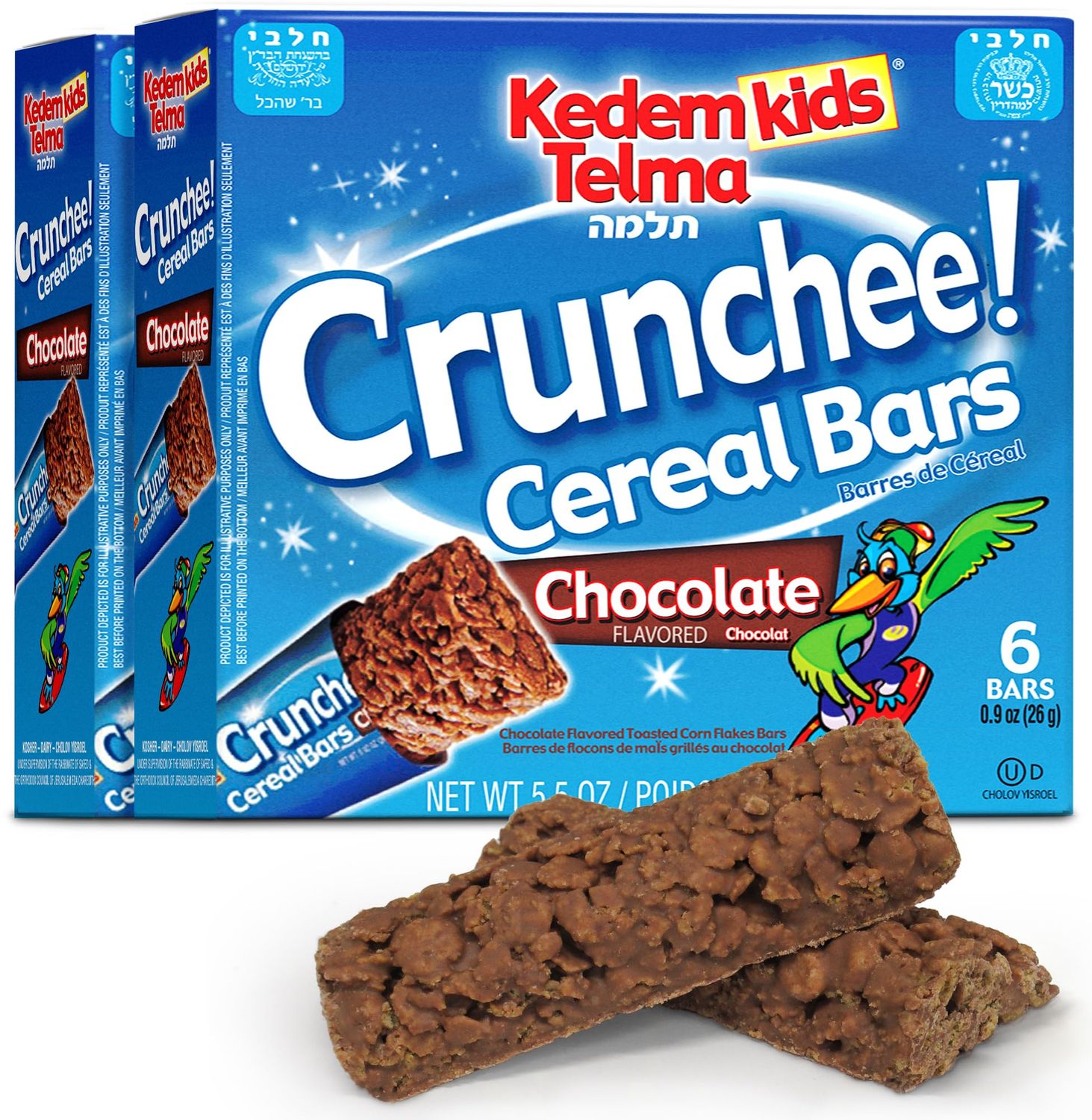 Kedem Kids, Crunchee! Dairy Chocolate Flavored Cereal Bars, 2 Pack (Total 12 Bars) Individually Wrapped, Good Source of Calcium
