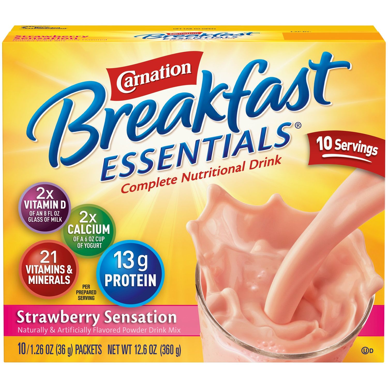 Carnation Instant Breakfast Essentials, Strawberry, 10 Count Box, 1.26-Ounce Packages (Pack of 6)