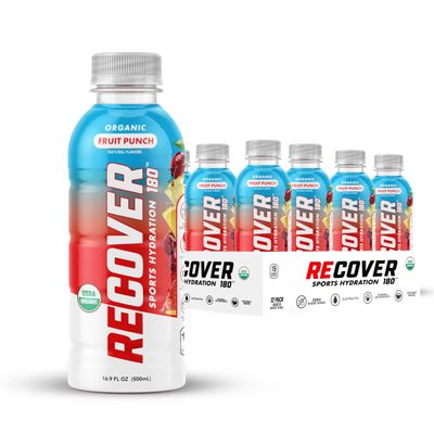 RECOVER 180 Organic Hydration Sports Drink, No Sugar Added, 15 Calorie Sports Beverage, Organic Flavors With Vitamins, Potassium-Packed Electrolytes (16.9 Fl Oz (Pack of 12), Fruit Punch)