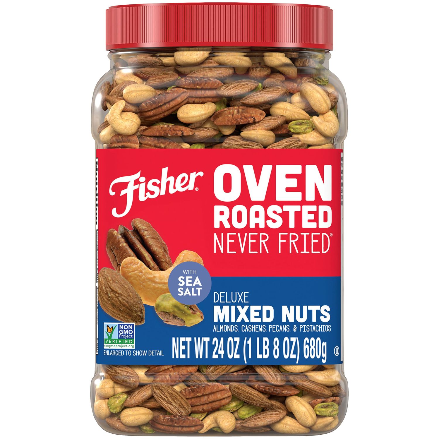 Fisher Snack Oven Roasted Never Fried Deluxe Mixed Nuts, 24 Ounces, Almonds, Cashews, Pecans, Pistachios, Made With Sea Salt, Non-GMO, No Oils, Artificial Ingredients or Preservatives