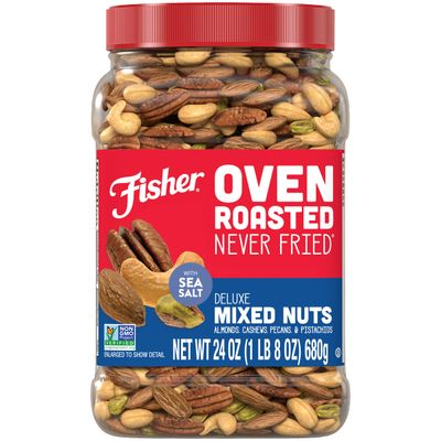 Fisher Snack Oven Roasted Never Fried Deluxe Mixed Nuts, 24 Ounces, Almonds, Cashews, Pecans, Pistachios, Made With Sea Salt, Non-GMO, No Oils, Artificial Ingredients or Preservatives