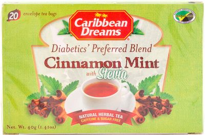 Caribbean Dreams Cinnamon Mint Tea, 20 Tea Bags, Diabetics Tea, Natural Herbal Tea, Caffeine Free, Sugar Free