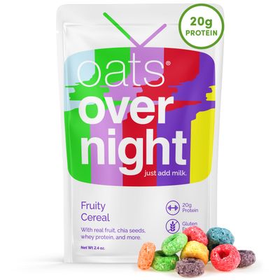 Oats Overnight Fruity Cereal - Overnight Oats with 20g Protein, High Fiber Breakfast Protein Shake - Gluten Free Oatmeal, Non GMO High Protein Oatmeal (2.6 oz per meal) (24 Pack)