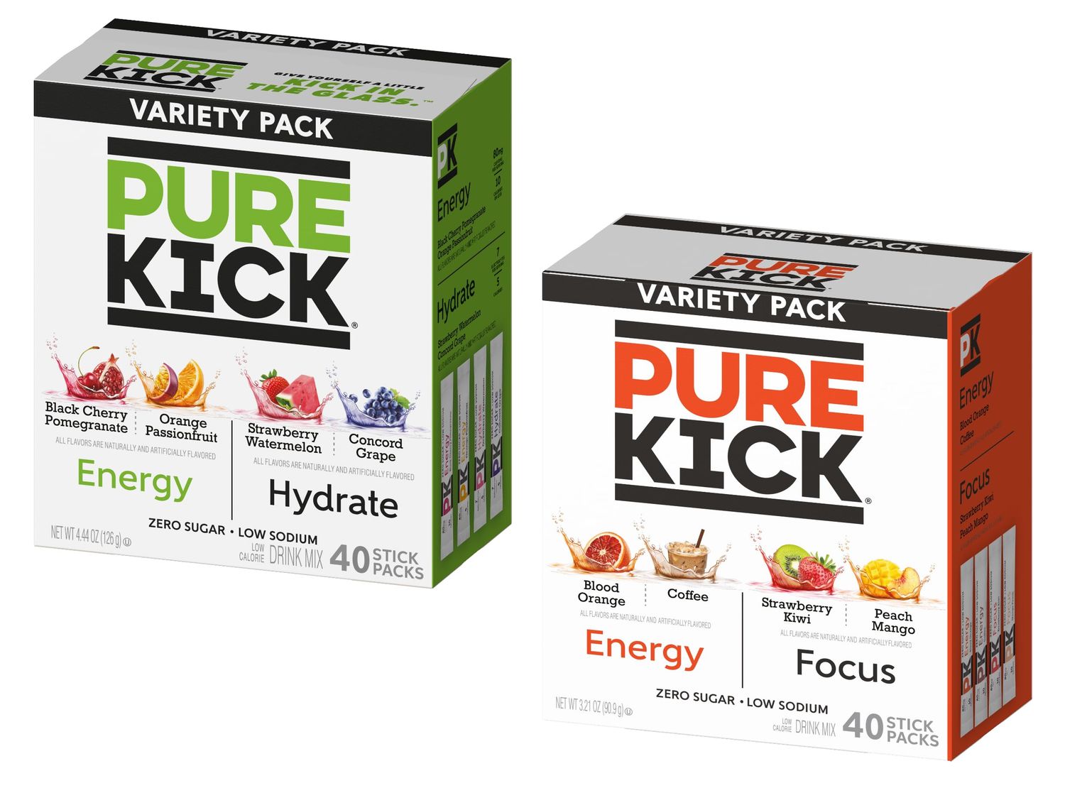 Pure Kick Energy Variety Pack - One Box of Energy Focus Variety and One Box of Energy Hydrate Variety - Pack of 2 - Powdered Drink Mix - Zero Sugar and Low Calorie