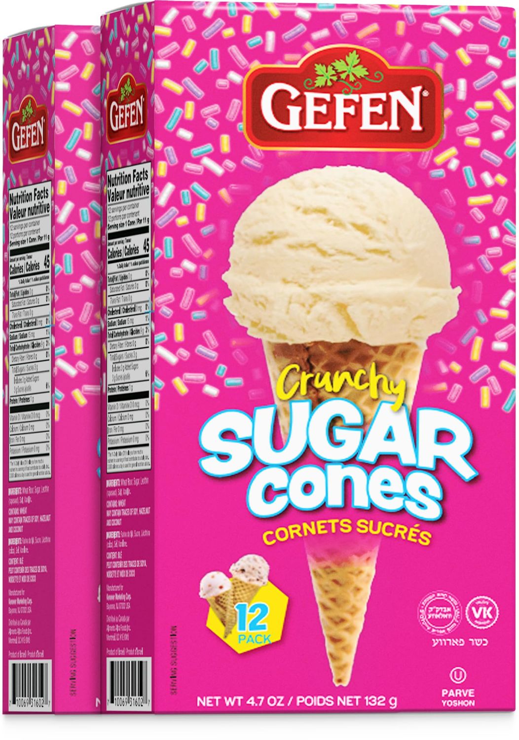 Gefen Sugar Cones (2 Pack = 24 Cones) | Crunchy &amp; Delicious | Sweet Ice Cream Cones | Great for Parties