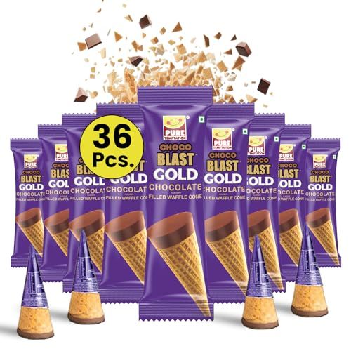 Pure Temptation Gold Chocoblast Waffle Cones [36 Pieces] Snacks for Kids &amp; Adults - Non-Meltable Chocolate Gift Box - Individually Wrapped Chocolate-Filled Waffle Cones Bites for Christmas Gifts