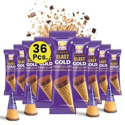 Pure Temptation Gold Chocoblast Waffle Cones [36 Pieces] Snacks for Kids &amp; Adults - Non-Meltable Chocolate Gift Box - Individually Wrapped Chocolate-Filled Waffle Cones Bites for Christmas Gifts