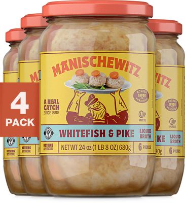 Manischewitz Whitefish &amp; Pike Gefilte Fish in Liquid Broth, 24oz (4 Pack) | All Natural, Packed with Protein, No Added MSG, Kosher for Passover