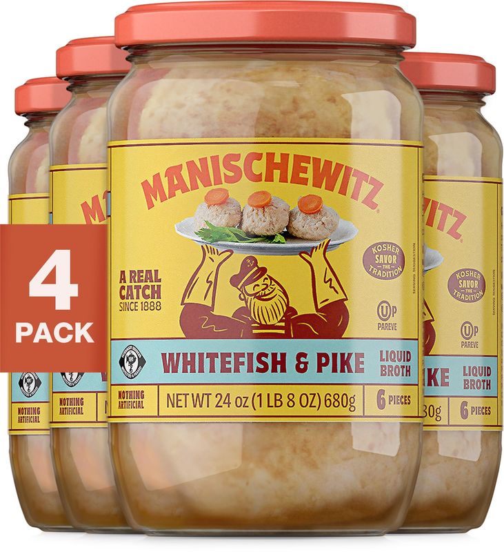 Manischewitz Whitefish &amp; Pike Gefilte Fish in Liquid Broth, 24oz (4 Pack) | All Natural, Packed with Protein, No Added MSG, Kosher for Passover