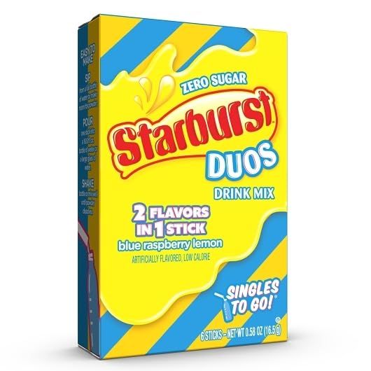 Starburst Duos Singles to Go Drink Mix Blue Raspberry Lemon, 6 Boxes with 6 Packets Each-36 Total Servings