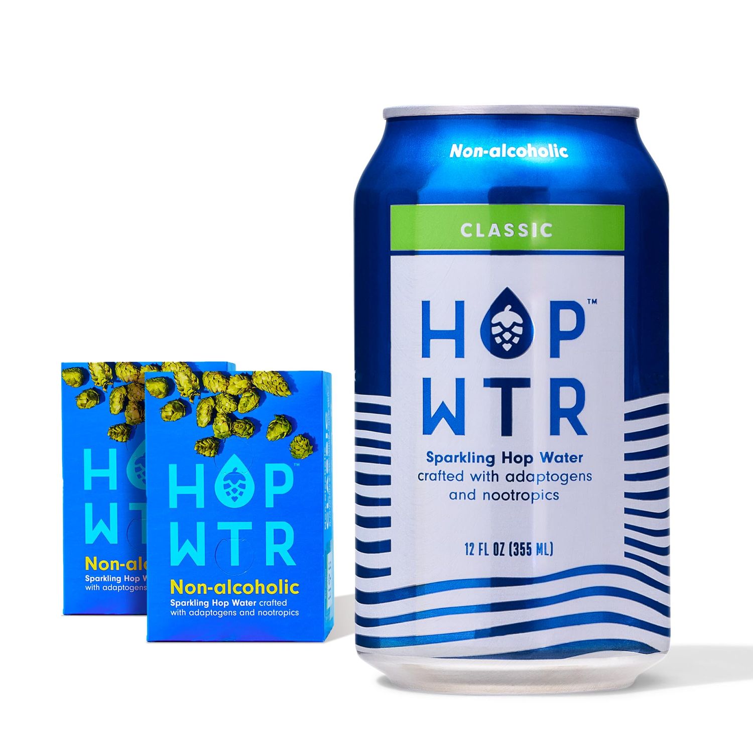HOP WTR Sparkling Hop Water, Classic 12 Pack, Sugar Free, Low Carb Non Alcoholic Drinks, NA Beer, Adaptogen Drink, No Calories, Adaptogens &amp; Nootropics for Added Benefits, 12 oz Cans
