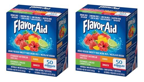 FlavorAid Aguas Frescas 50ct - Singles To Go Powdered Drink Mix - Pack of 2-4 Delicious Flavors - Strawberry Watermelon, Mango, Cucumber Limeaid, and Jamaica