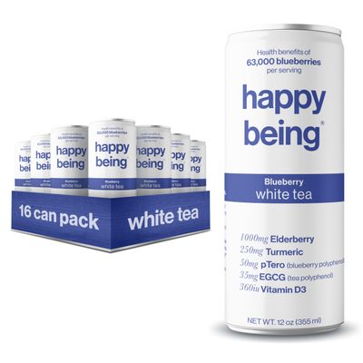 Happy Being Nutrient-Rich Blueberry White Tea - Infused with Turmeric, Elderberry, Vitamin D3, Caffeine Free, Plant-Based, Low Calorie &amp; Low Sugar Drinks, 12oz (16 Pack)