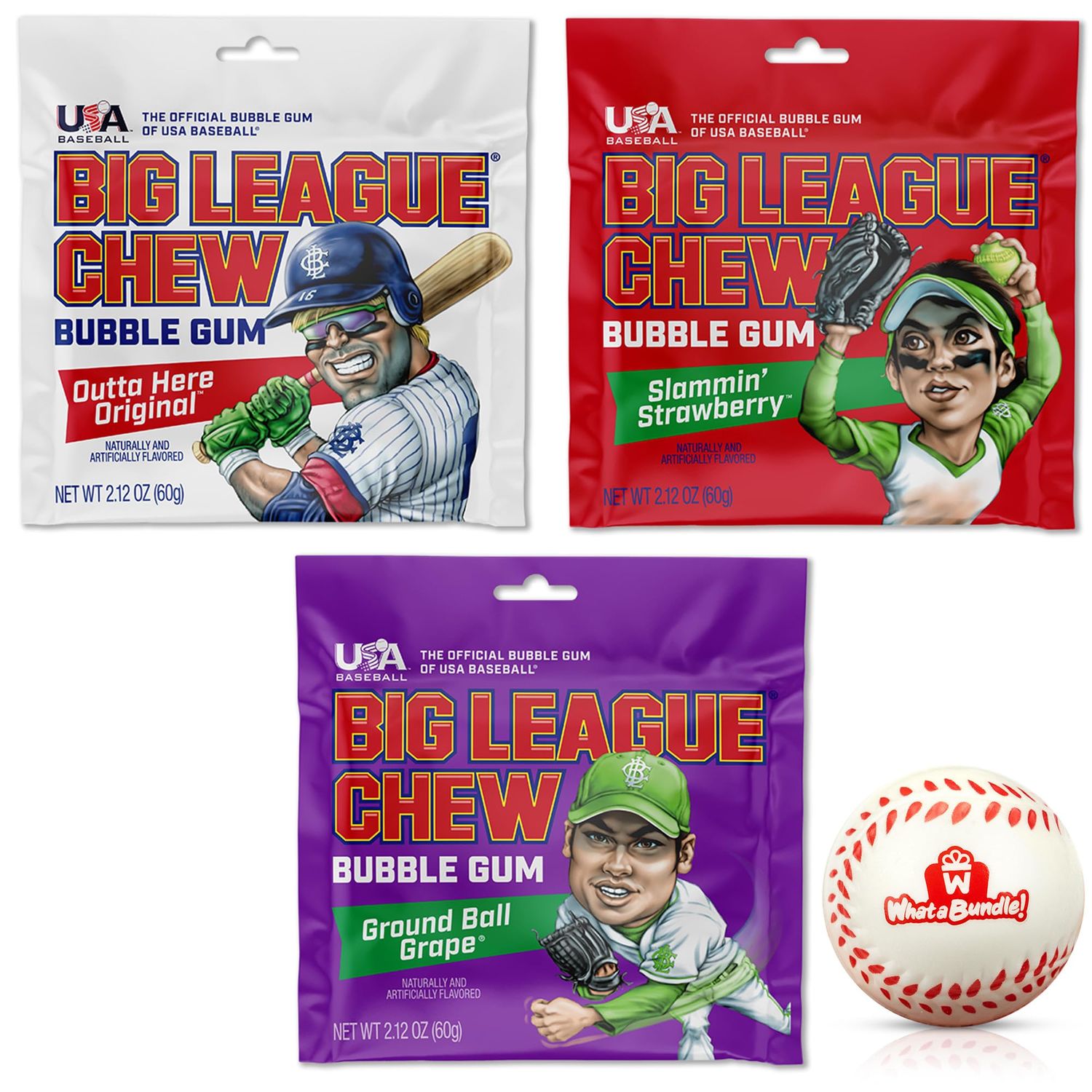 Big League Chew Bubble Gum Variety Pack - Original, Grape, and Strawberry Flavors - 3 Individual 2.12oz Packets - Fun Baseball Snacks For Parties, Teams, and Kids - With WhataBundle! Foam Baseball