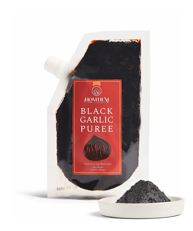 Homtiem Black Garlic Puree 150g. (Made from Solo Black Garlic 100%), Whole Black Garlic Fermented for 90 Days, Non-GMOs, High in Antioxidants, Ready to Eat for Snack Healthy, Healthy Recipes.