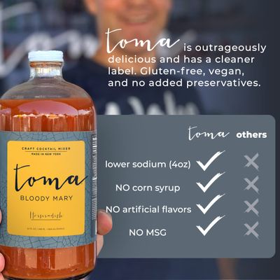 Toma Bloody Mary Craft Cocktail Mixer - HORSERADISH (Medium) - Non-Alcoholic Mixer - Vegan - Gluten Free - Low Sodium - No MSG - No Added Preservatives - No Corn Syrup - 32 oz (2 Pack)