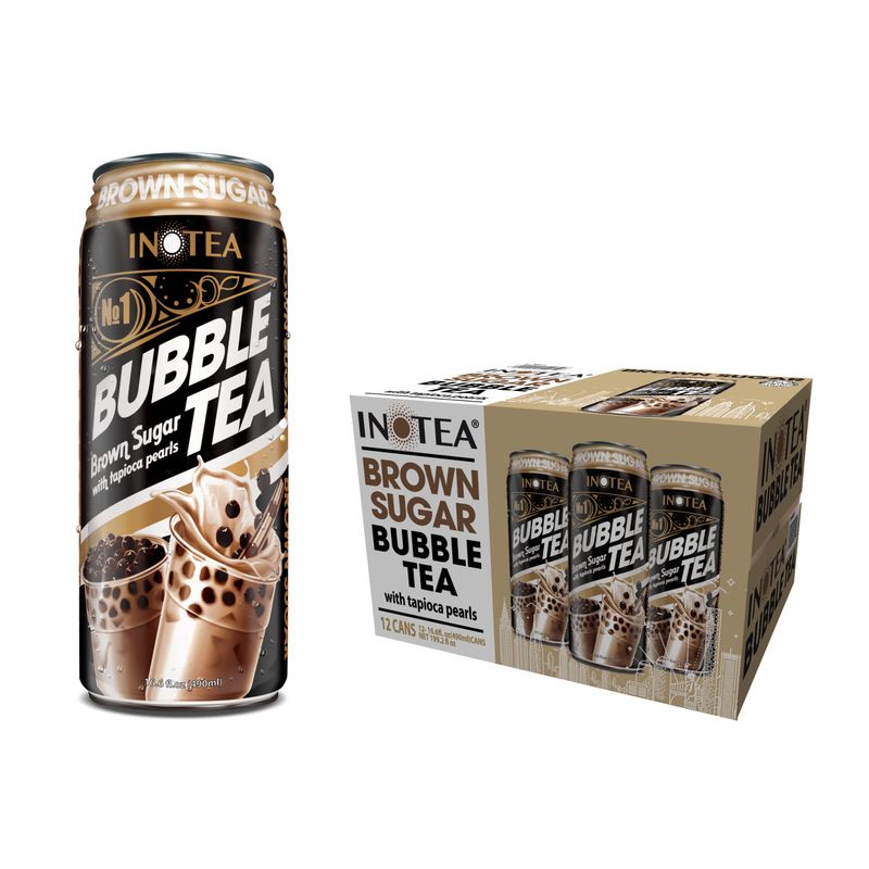 (Pack of 12) INOTEA Bubble Tea | Choose One from 5 Flavors: Brown Sugar, Taro, Honeydew, Banana, Matcha Latte | Ready to Drink in a Can (16.6oz/can) | Black Milk Tea with Boba (Brown Sugar)