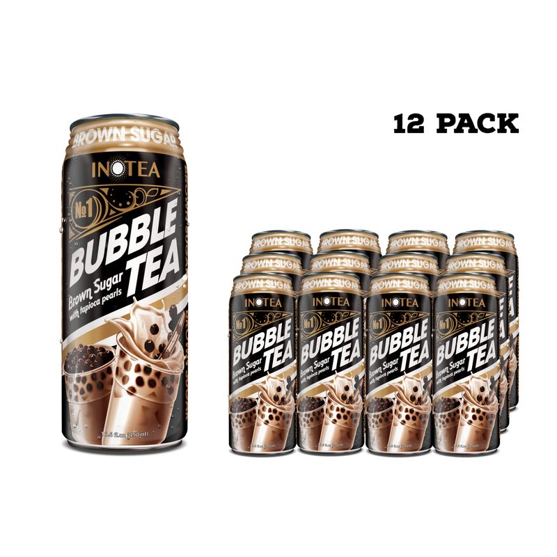(Pack of 12) INOTEA Bubble Tea | Choose One from 5 Flavors: Brown Sugar, Taro, Honeydew, Banana, Matcha Latte | Ready to Drink in a Can (16.6oz/can) | Black Milk Tea with Boba (Brown Sugar)