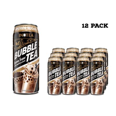 (Pack of 12) INOTEA Bubble Tea | Choose One from 5 Flavors: Brown Sugar, Taro, Honeydew, Banana, Matcha Latte | Ready to Drink in a Can (16.6oz/can) | Black Milk Tea with Boba (Brown Sugar)